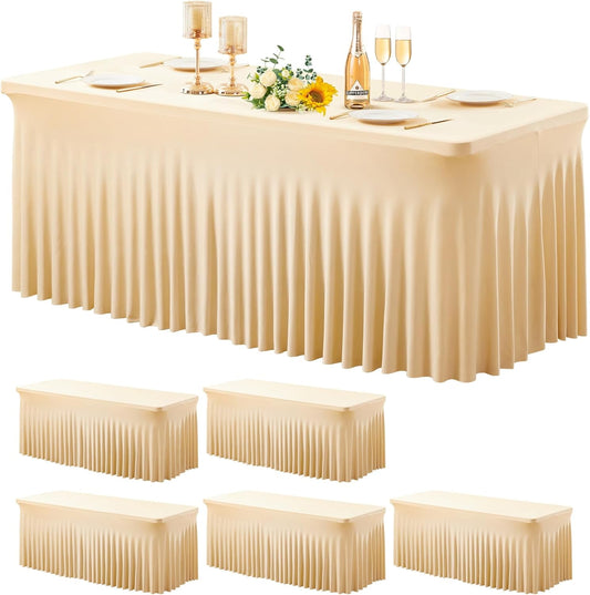Wish Care 6 Pack Champagne Spandex Table Clothes for 6 Foot Rectangle Tables, 6FT Wrinkle Free Fitted Tablecloths Ruffles Design Table Cover for Party, Banquet, Wedding and Events