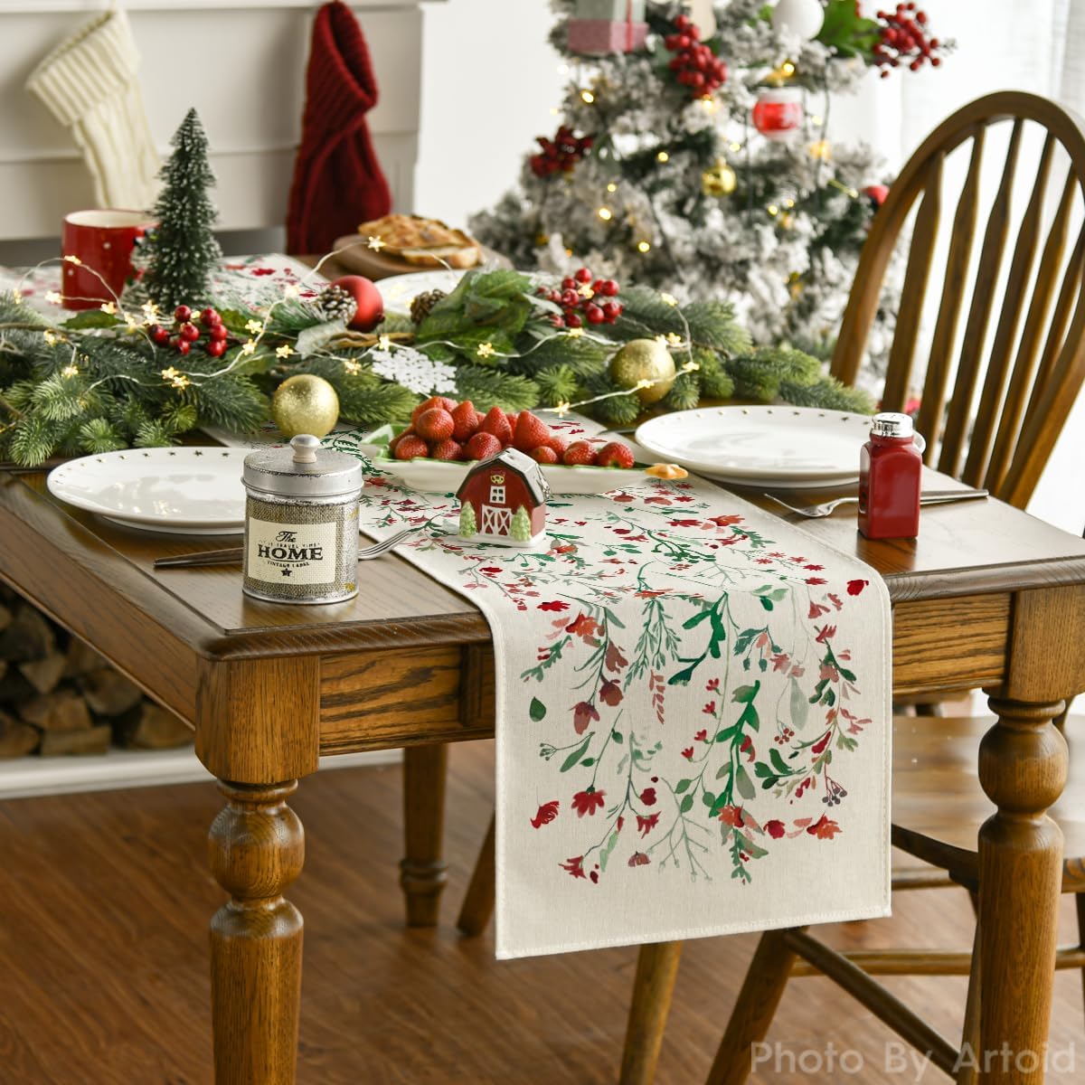 Artoid Mode Floral Leaves Christmas Table Runner, Wild Flowers and Grasses Winter Kitchen Dining Table Decoration for Home Party Decor 13x120 Inch