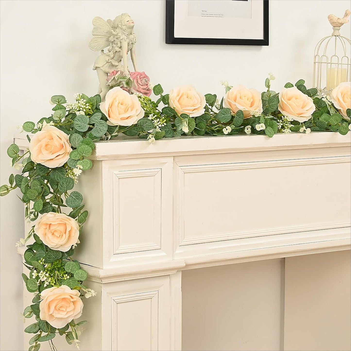 Dolicer 2Pcs 13Ft Artificial Eucalyptus Garlands with Flowers - 8 Roses, Faux Floral Greenery Garlands Fake Flowers Vines for Wedding Table Centerpieces Arch Party Ceremony Backdrop Decor (Champagne)