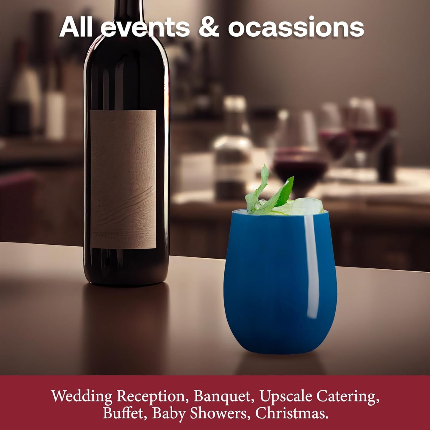 Smarty Had A Party 12 oz Wine Glasses – 64 Navy Stemless Plastic Wine Glasses, Unbreakable Disposable Drinkware for Weddings & Events