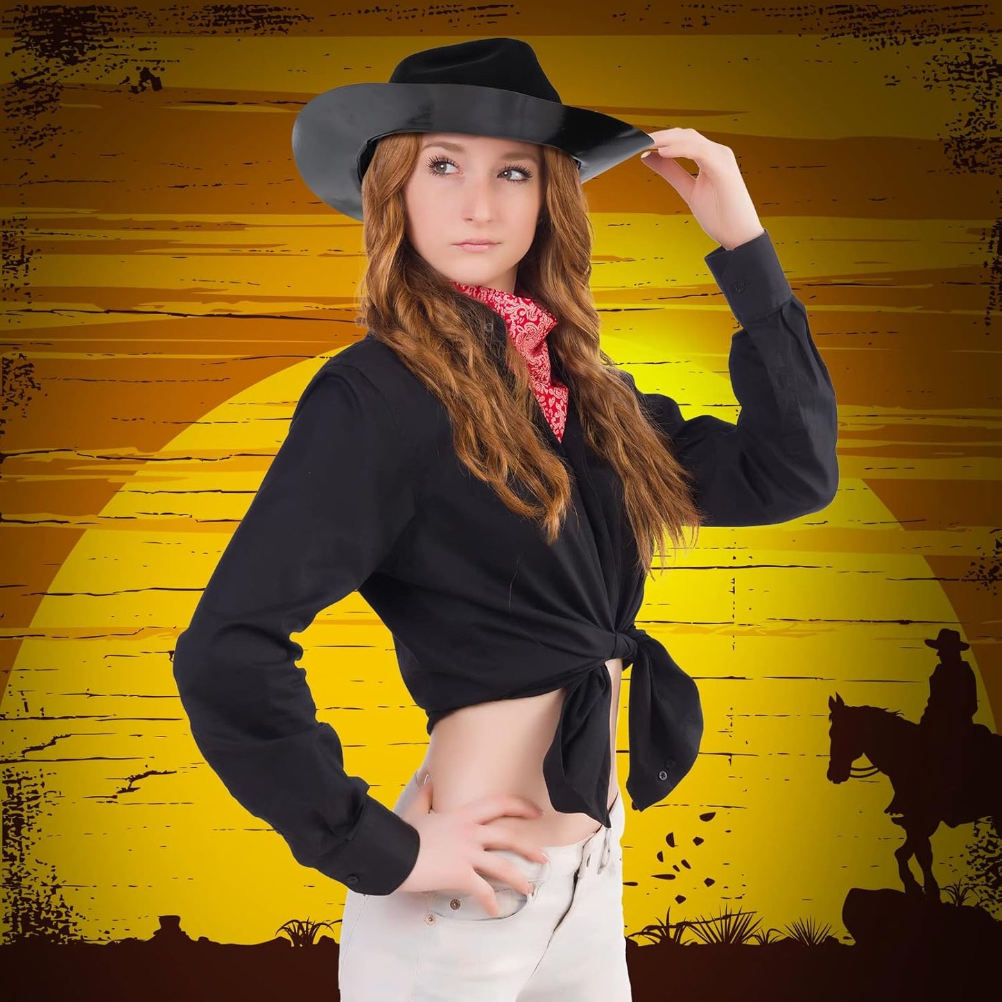 Mepase 24 Pieces Disposable Plastic Western Cowboy Hat Set Felt Wide Brimmed Cowgirl Hats for Men Women Costume Party(Black)