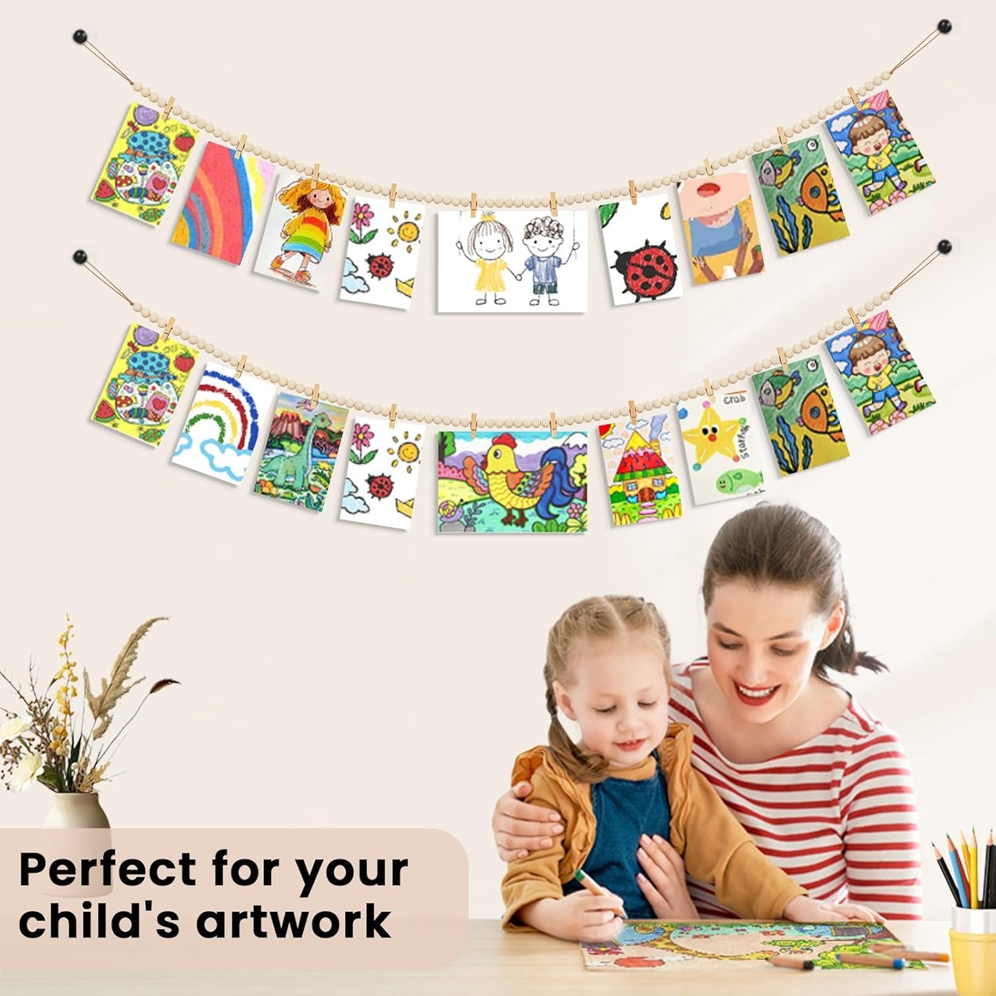 Hanging Photo Display with Clips, Boho Wooden Bead Garland Collage Picture Frame Wall Decor, Photo String with 10 Clips for Bedroom Room Dorm Cubicle Decor, Christmas Teen Girls Gifts, 3 Pack