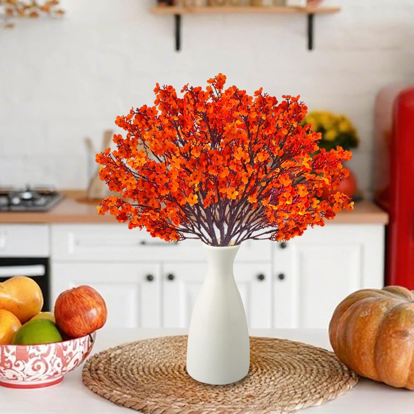 12PCS Fake Fall Flowers Orange Baby Breath Artificial Flowers Real Touch Silk Floral Arrangement Thanksgiving Autumn Table Centerpieces Home Kitchen Decor