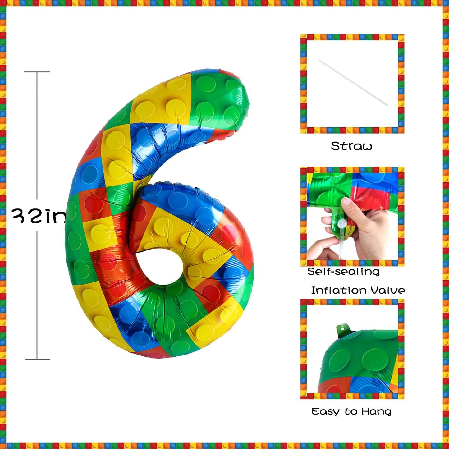 32 Inch Stackable Block Number Balloon – Colorful Brick Building Themed Big Helium Digits for Kids Birthday Party Decorations (Building Block, Number 6)