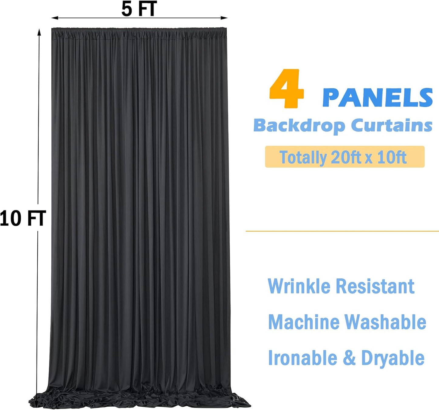 20ftx10ft Wrinkle Free Black Backdrop Curtain for Parties, 4 Panels 5x10ft Silky Polyester Photo Backdrop Drapes Back Drop Cloth for Wedding Birthday Photography Background Decor