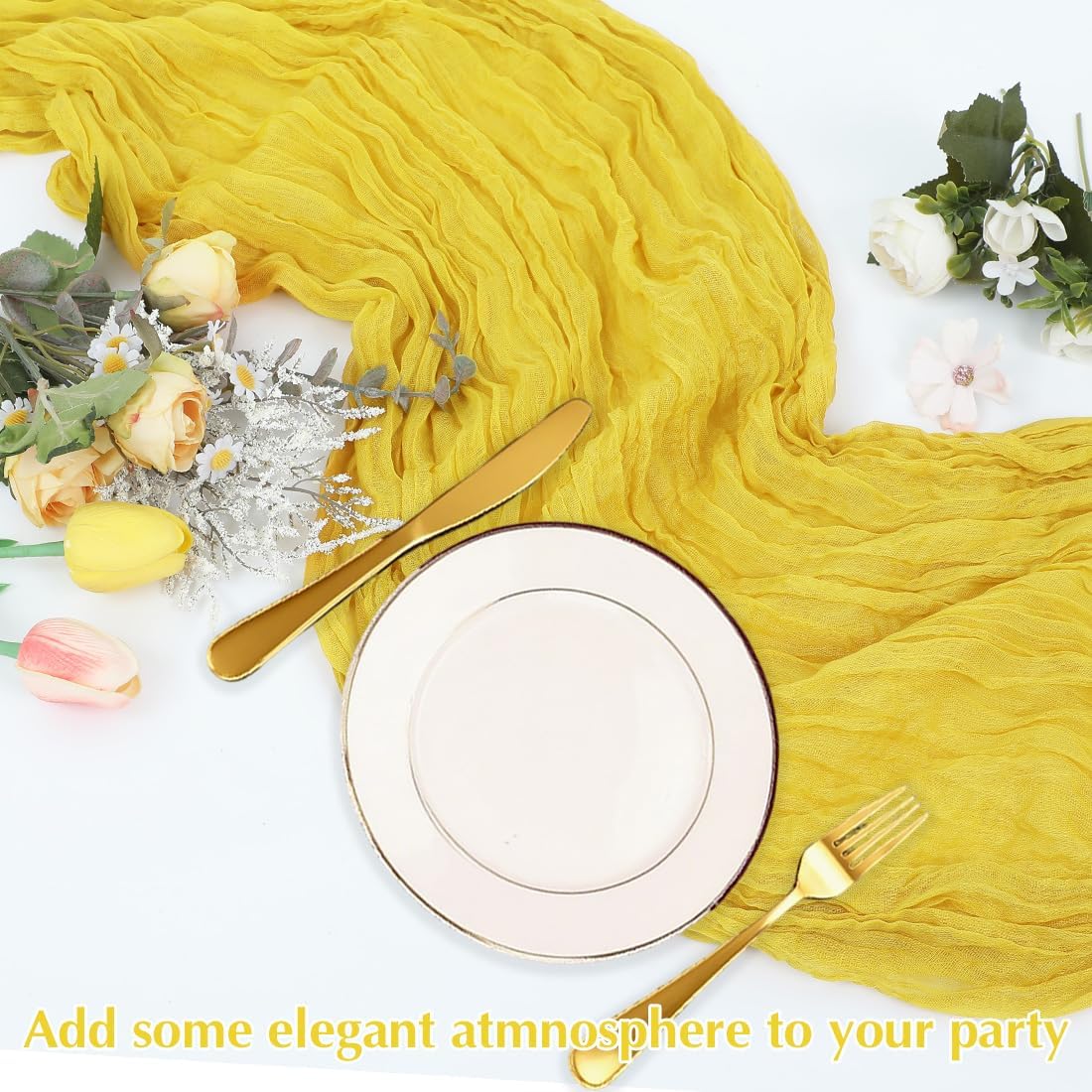 Yellow Cheesecloth Table Runner -21*120Inch Long Boho Wedding Table Decor, Rustic Gauze Fabric Runner for Bridal Showers, Baby Showers & Parties (Sheer, Lightweight, Wrinkled Design)