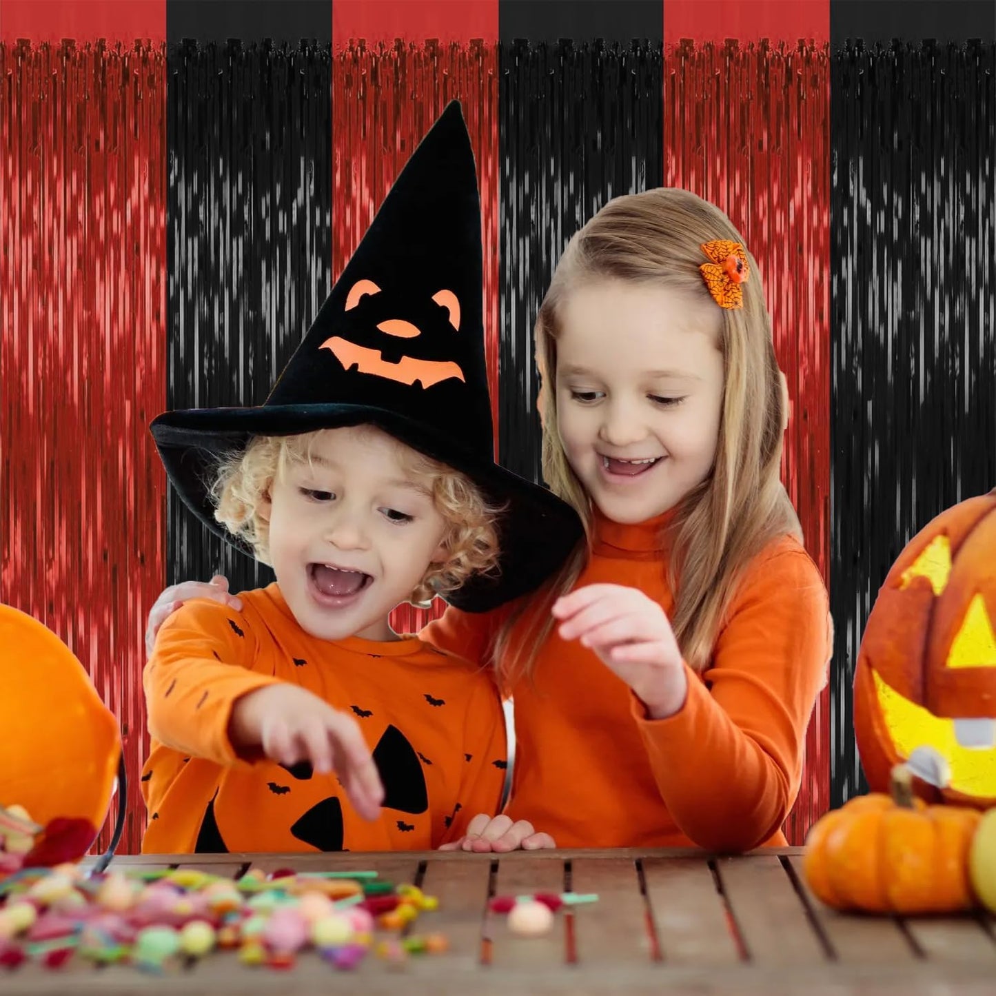 2 Pack Backdrop Curtains,3.28 Ft x 6.56 FT Red Black Halloween Backdrop,Metallic Party Streamer Tinsel Backdrop,Foil Curtains Backdrops Halloween Decorations Party Supplies