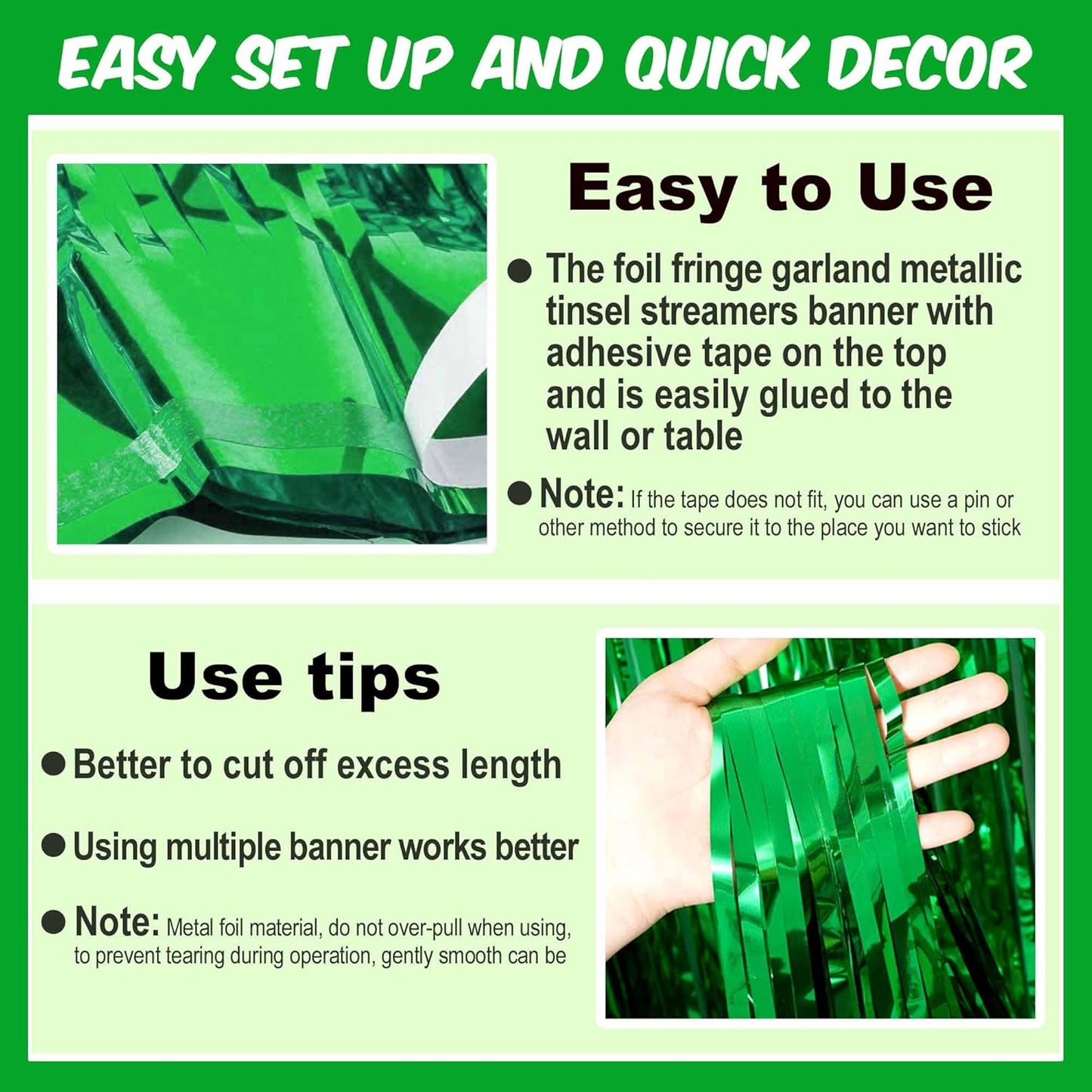 6 Pack 10 Ft Green Foil Fringe Garland Metallic Streamers Tinsel Banner Wall Hanging Garland Backdrop for Parade Floats, Halloween, Christmas, Thanksgiving, New Year Party Decorations