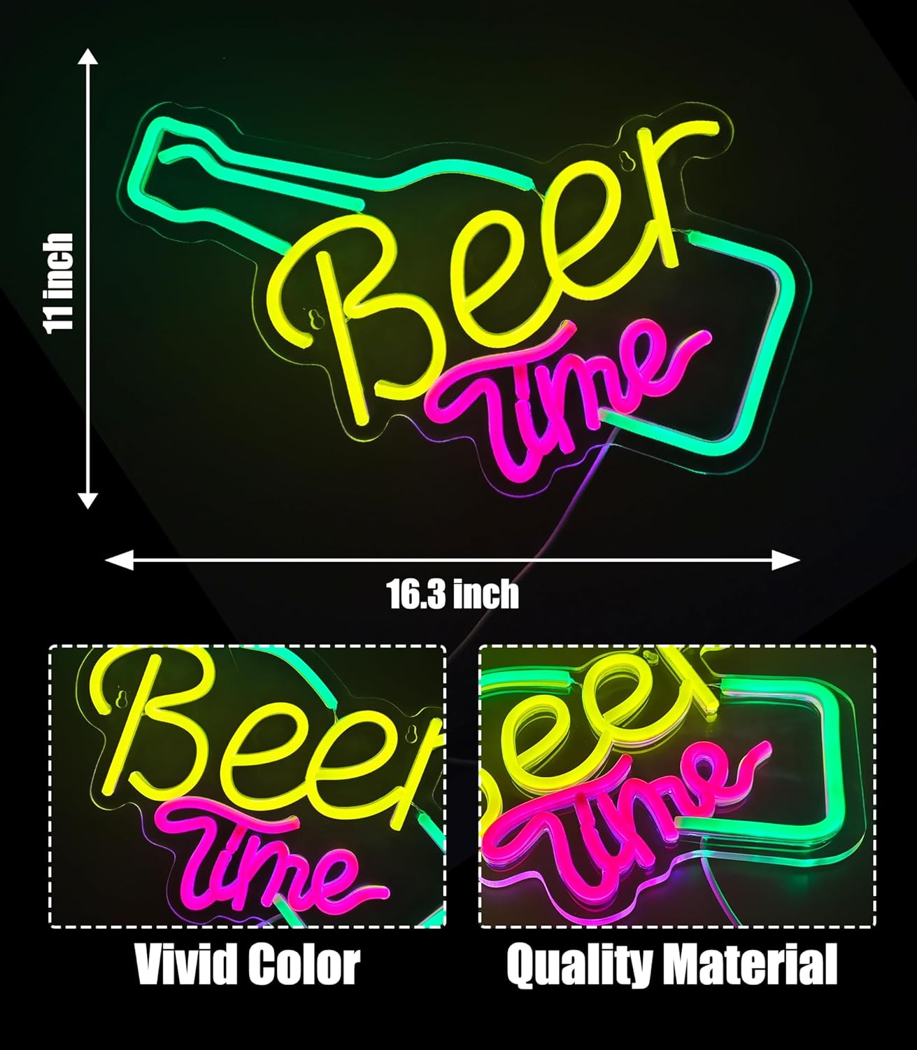Beer Time Neon Sign Led Wall Decor Man Cave Neon Light Up Signs Wall Art for Home Room Bar Bedroom USB Powered 16.3"x11"