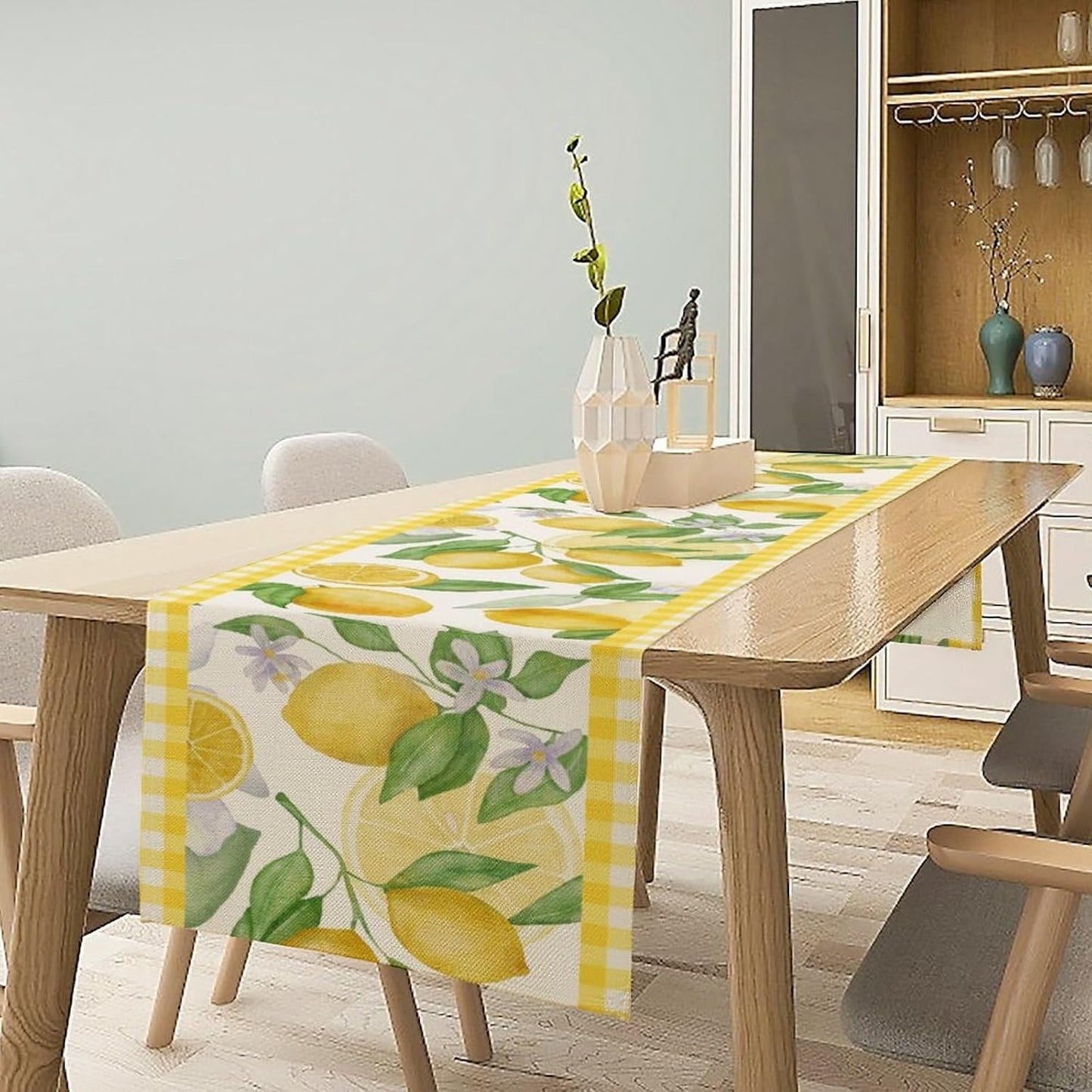 Lemon Table Runner,Yellow White Buffalo Plaid Summer Table Runner for Kitchen Dining Table Home Party Decoration 13x60 Inch