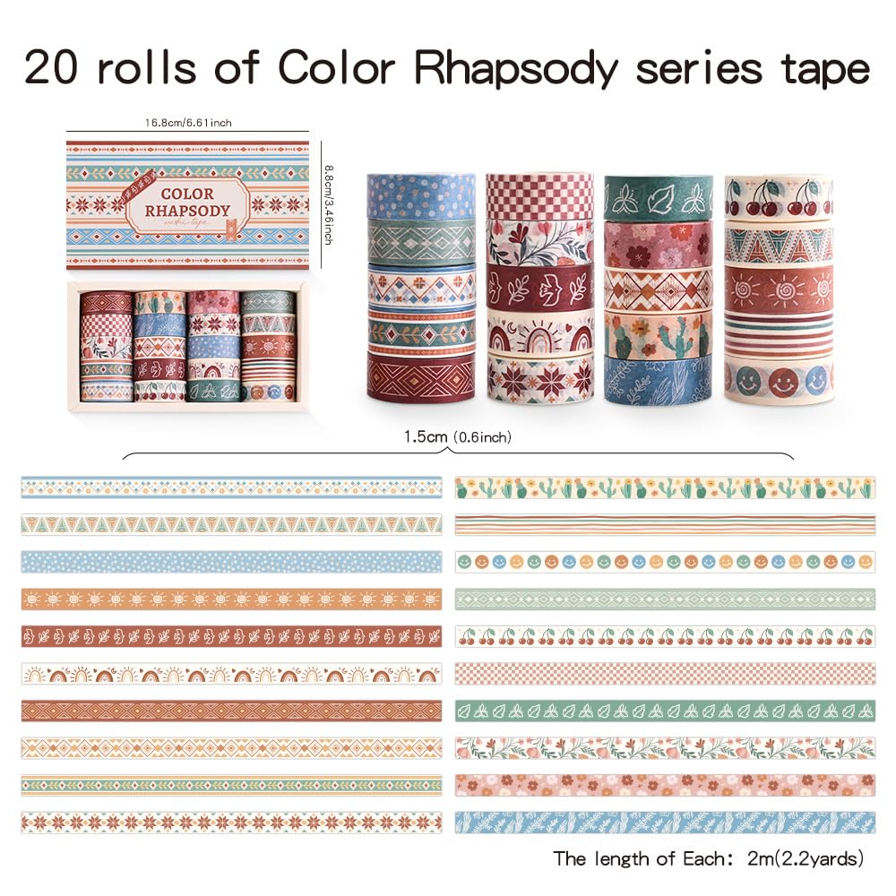 20 Rolls Bohemia Theme Washi Tape Set,Writable Decorative Tapes for Scrapbooking, Bible Journaling, Bullet Journaling, 0.6"x79" per Roll