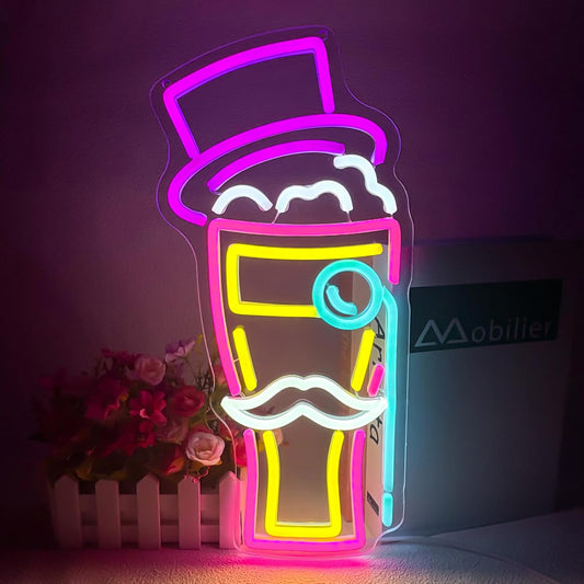 BEER Neon Sign for Wall Decor, Gentleman Neon Bar Signs for Home Bar Pub Party Man Cave Club, Neon Beer Light with Dimmable, Beer Signs Decoration USB Powered with Switch