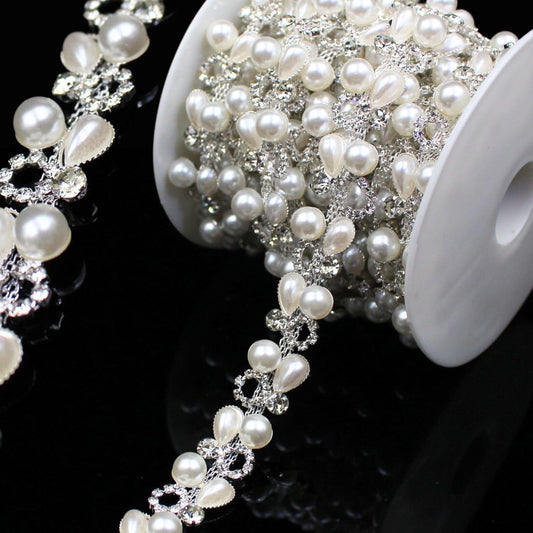 1 Yard Pearl Chain Silver Rhinestone Trim String Crystal Applique Fringe Ribbon Strips Beads Sewing Dress DIY Party Wedding Bouquet for Decoration Bridal Costume Embellishment
