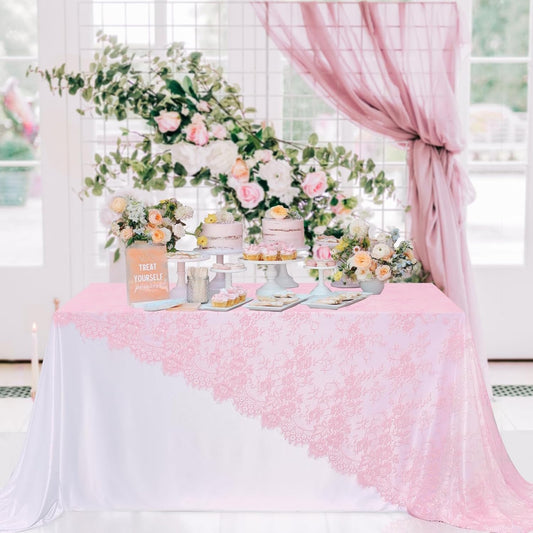 LuoluoHouse Pink Lace Table Cloth 60x120inch 2Pcs for Decorations Wedding Baby Shower