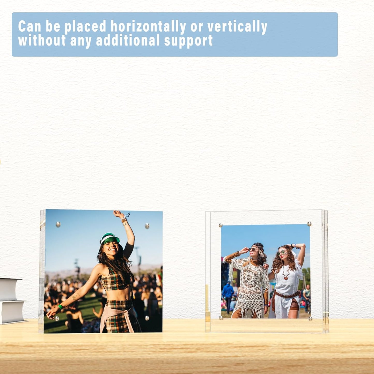 HELPLEX 5 Pack 6x6 Acrylic Picture Frames, 24mm Thicker Square Frameless Clear Frame Double Sided Magnetic Frame, Free Standing Desktop Display Stand