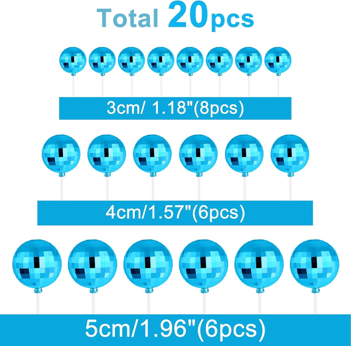 ASTARON 20 Pcs Disco Ball Cake Topper Decorations Sticks Blue Cake Balls Picks Toppers for Birthday Anniversary Disco Retired Theme Party Decorations