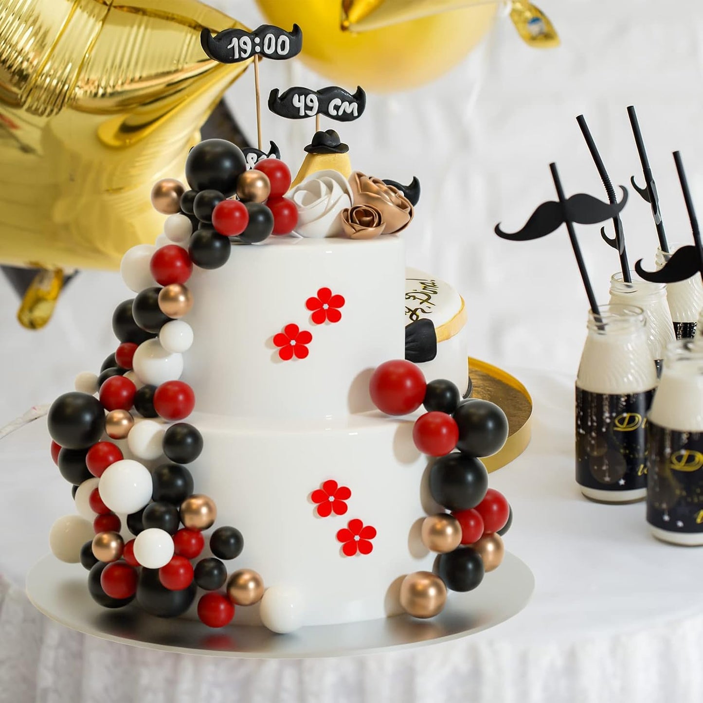 ASTARON 32 Pcs Ball Cake Topper Decorations Mini Balloons Cake Topper Sticks Foam Balls Cake Picks for Graduation Wedding Party Birthday Cake Decorating (Red Black)