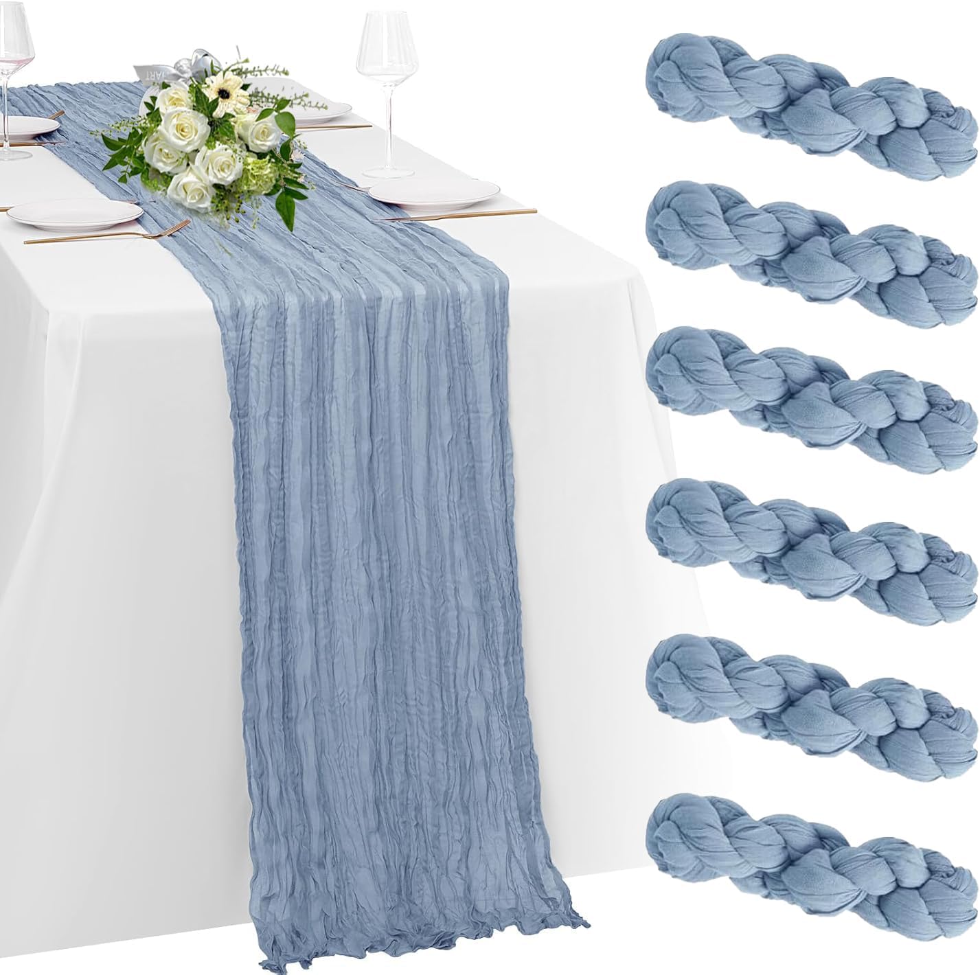 6 Pack Dusty Blue Cheesecloth Table Runner 23x120 inch Rustic Boho Gauze Table Runner 10 FT Long Sheer Cheese Cloth Fabric Table Runners for Romantic Wedding Bridal Shower Birthday Party Decor