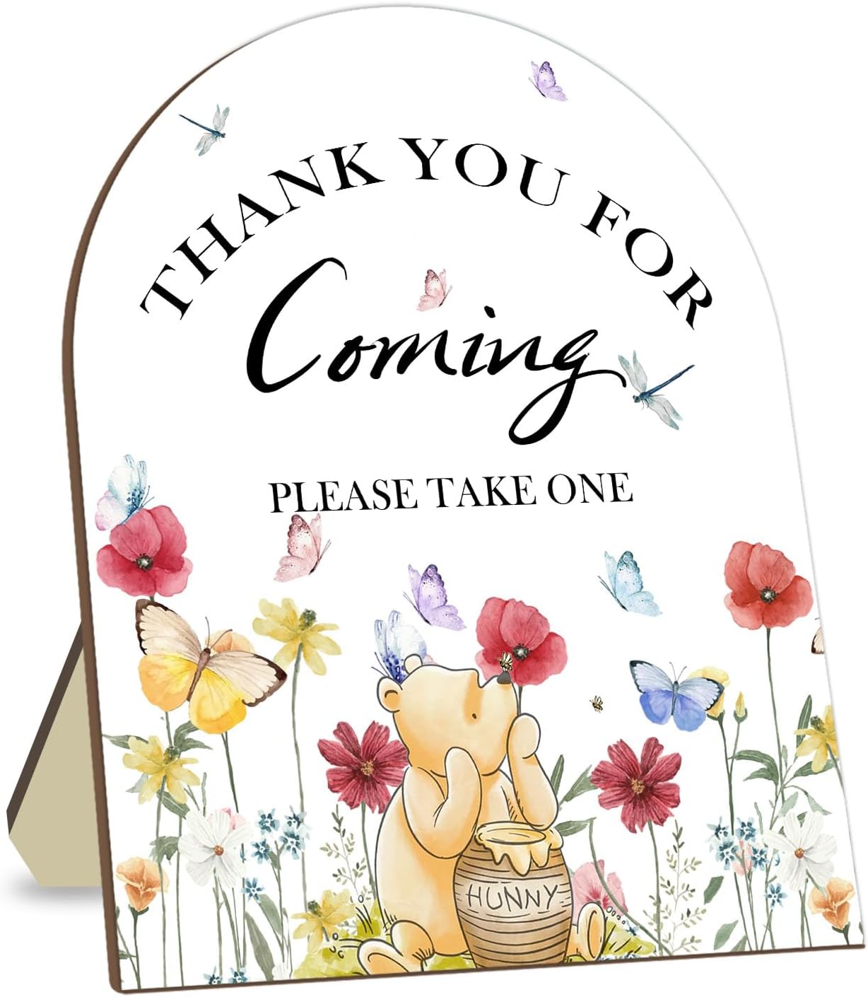 Winnie Bridal Shower Sign, Classic Pooh Thank You Wooden Sign for Women Men, Floral Butterfly Decor Wedding Shower Favors Sign, Bridal Shower Gifts for Guests, Thank You for Coming Please Take One Sign 9*11IN
