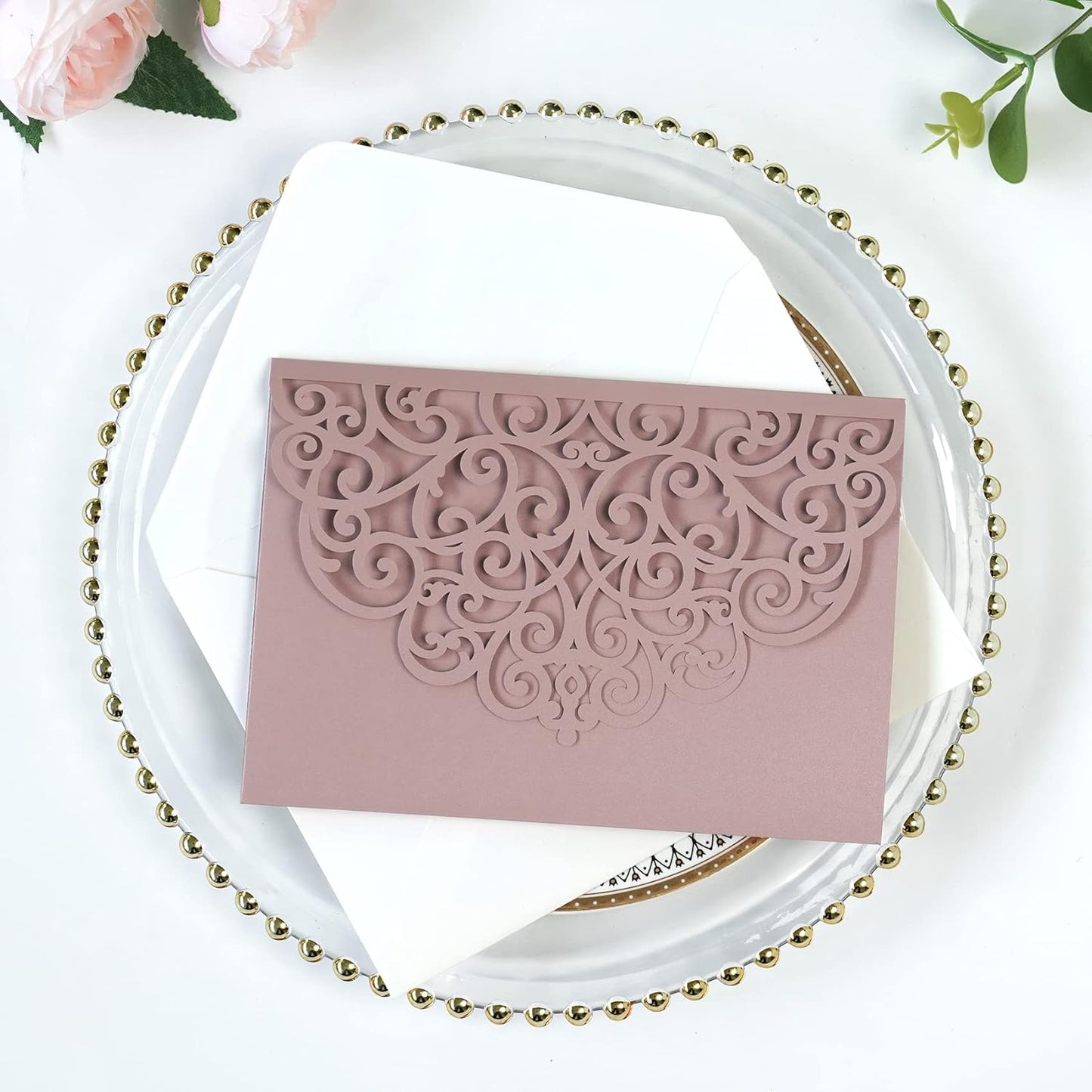 PONATIA 5.12 x 7.2 Dusty Rose Laser Cut Wedding Invitations, 5x7 Trifold Laser Cut Invitation Pockets with Envelopes for Wedding Bridal Shower Engagement Quinceanera Invitations (20PCS No Inner Sheet)