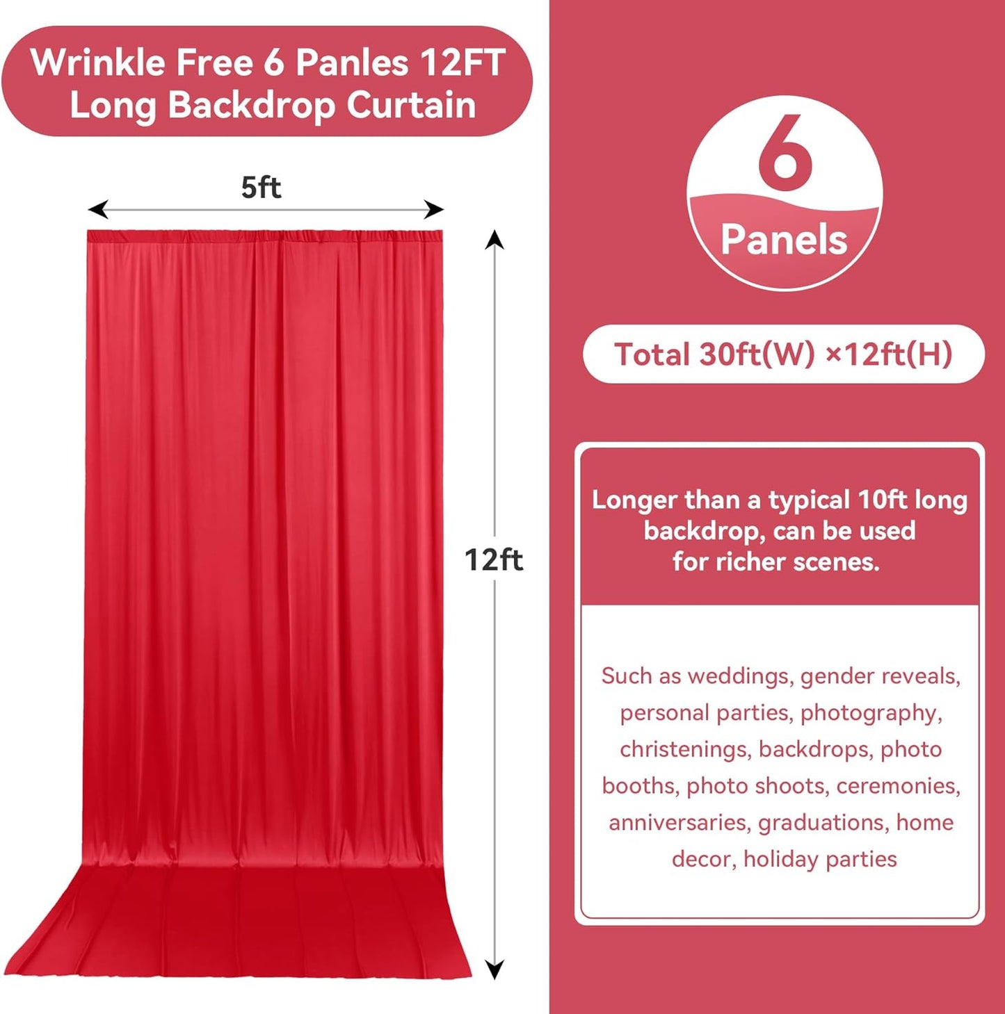 30ftx12ft Wrinkle Free Red Backdrop Curtain, 6 Panels 12FT Height Red Wedding Backdrop Drapes, Silky Polyester Back Drop Cloth for Birthday Photography Background Party Backdrop Draping