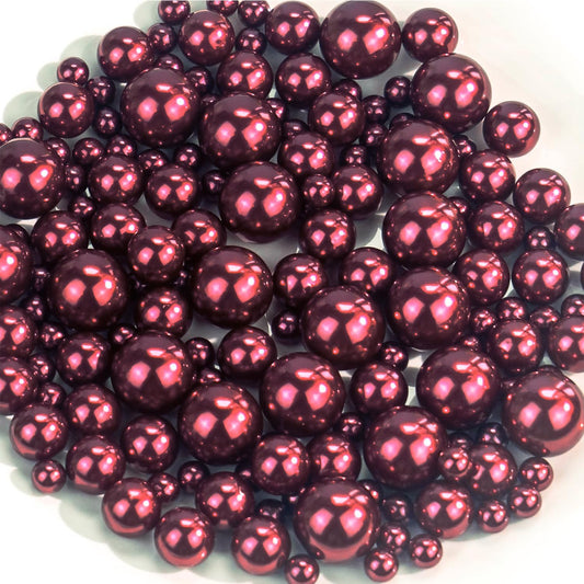 150Pcs Wine Red Polished No Hole Faux Pearl Beads for Vase Filling Decorations, Plastic Pearls Vase Fillers, Table Scatters, Wedding Centerpiece, Home Decor, 8/14/20 mm