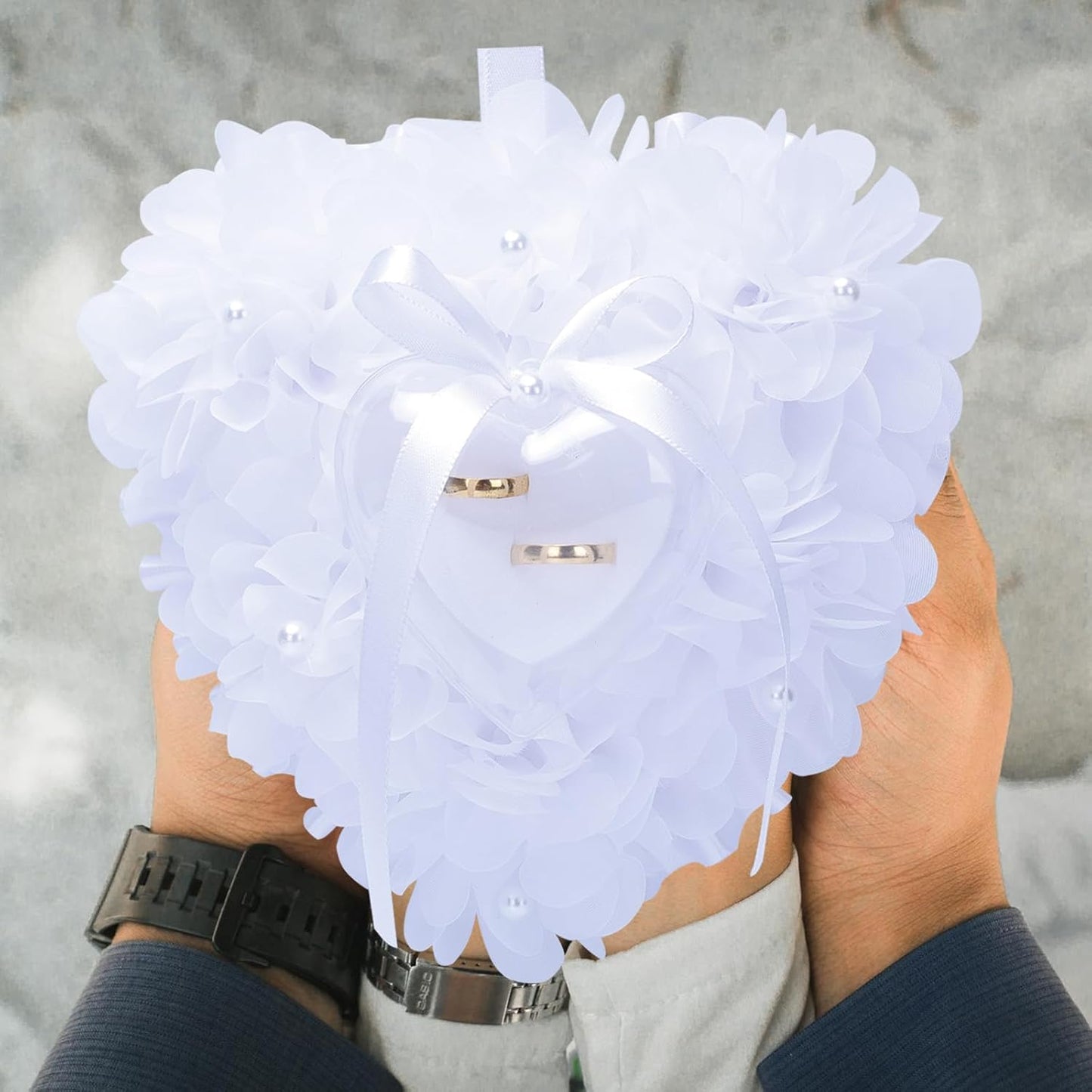 Ring Pillow is Designed with White Roses, Mozambique Diamond and Flowers. It is A Ring Bearer That Comes with A Gift Box. It is Suitable for Weddings and Ring Collections (Pearl White)