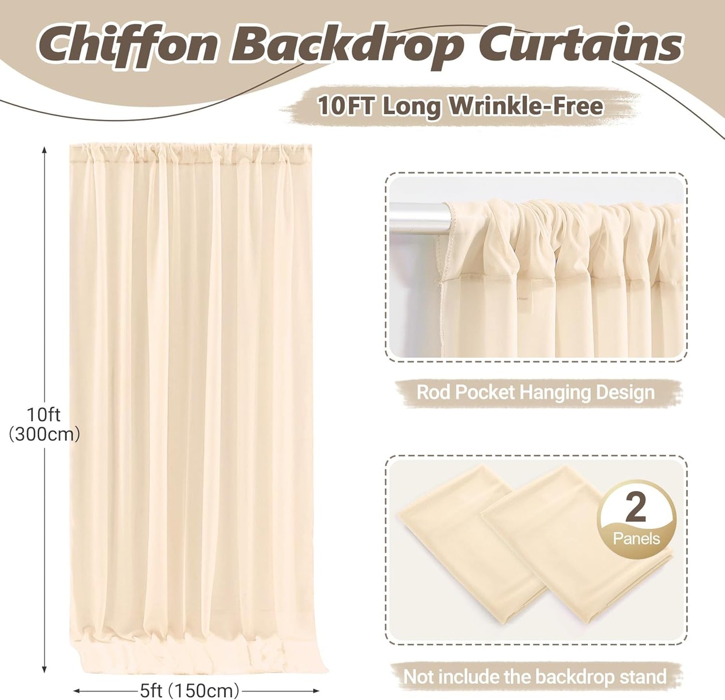 10ft x 10ft Champagne Backdrop Curtains, Wrinkle-Free Sheer Chiffon Fabric Photo Backdrop Drapes for Wedding Arch Party Ceremony Stage Photography Decorations