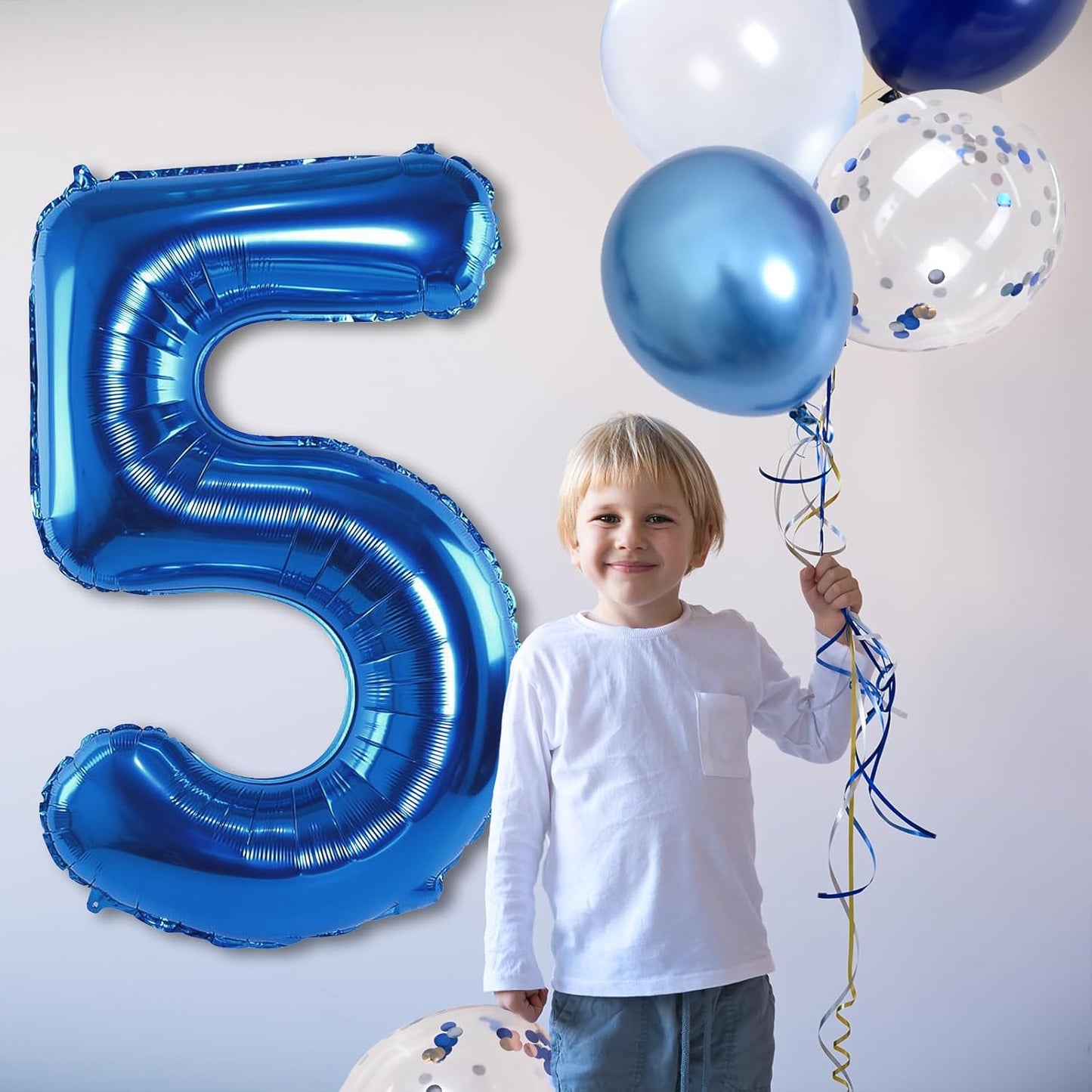 Large Foil Number 5 Balloons, 101cm Light Navy Blue 5 Helium Balloon with Metallic Silver Confetti Balloon for Kids 5th Birthday Party Decor, Mylar Self Inflating 5 Balloon for Graduation Decorations