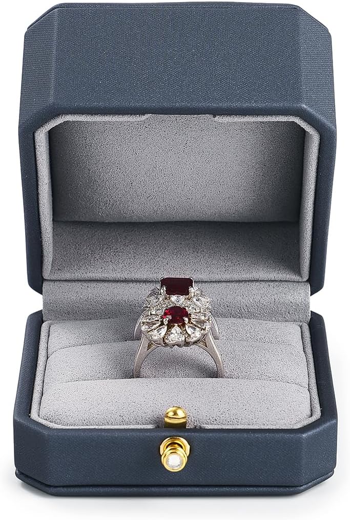 Oirlv Premium Leather Double Ring Box for Wedding Ceremony Engagement Couple Rings Holder Jewelry Gift Box(Blue,Double)