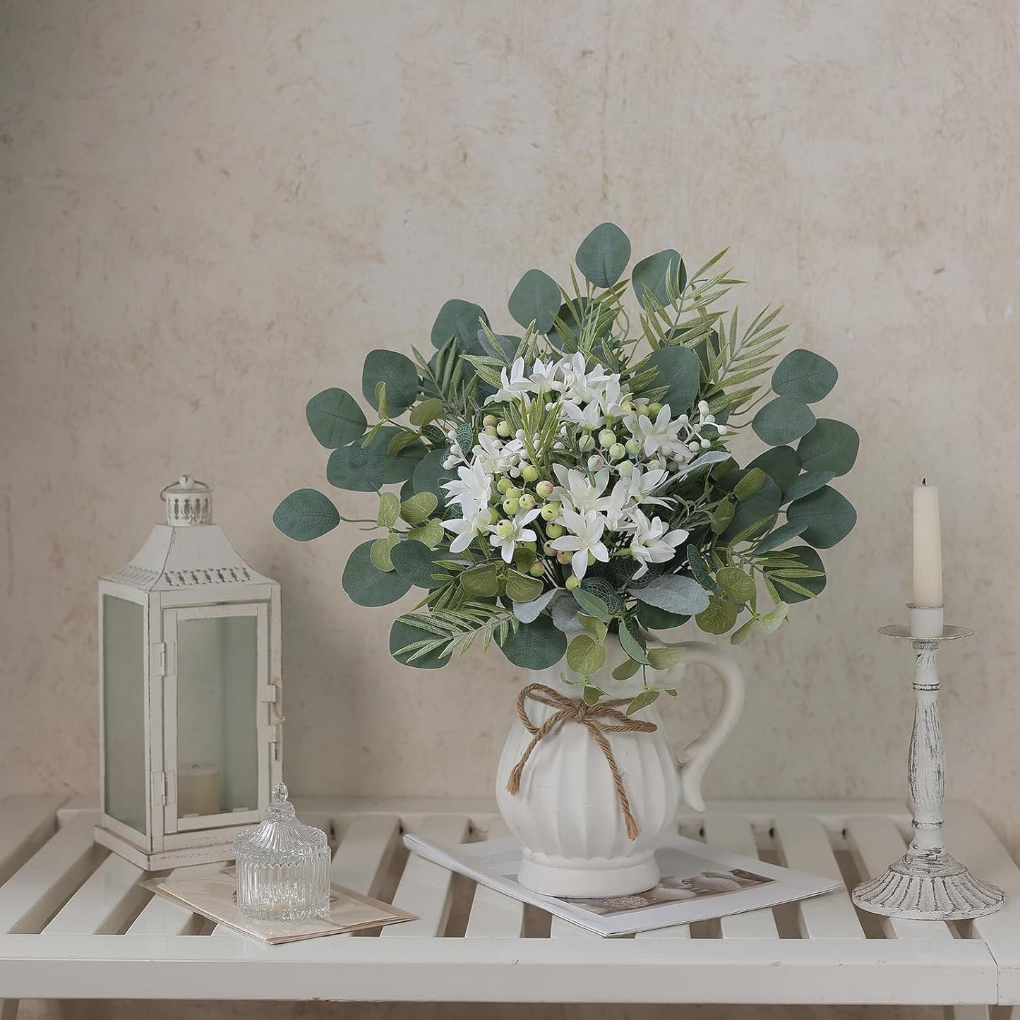 FOTEEWL 75 Pcs Artificial Greenery Stems Box Set,with 8 Kinds of Faux Plants and Fake Flowers for DIY Bridal Bouquets Wedding Floral Arrangement Table Centerpieces Decoration (Sage Green)