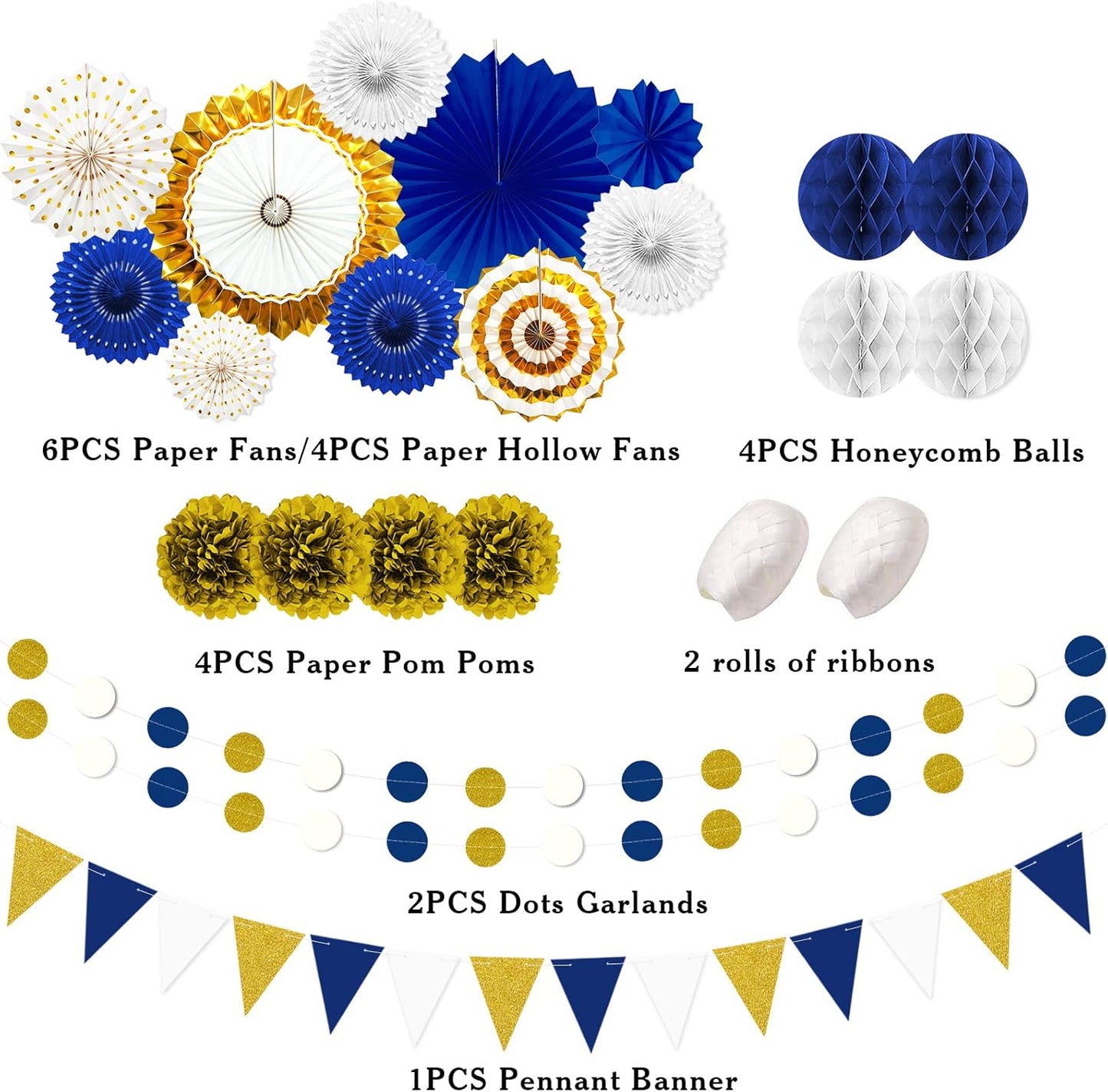 Blue and Gold Party Decorations - 23Pcs Navy Blue White Gold Baby Shower Birthday Decor for Men Boy Kids with Hanging Paper Fans, Pom Poms Flowers, Garland String Polka Dot Packs