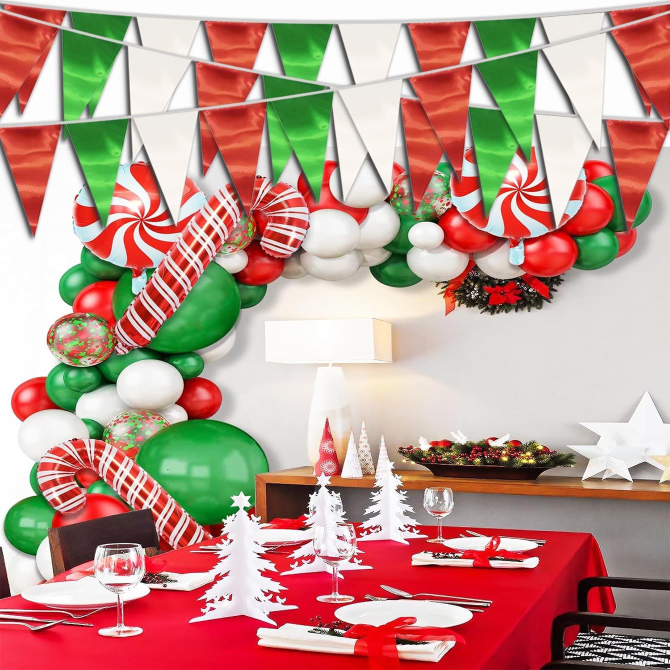 20M/65FT White Green Red Triangle Pennant Banner Flag Metallic Fabric Bunting Garland for Christmas Italy Mexican Birthday Baby Shower Wedding Banners,New Years Winter Decor Ouruola