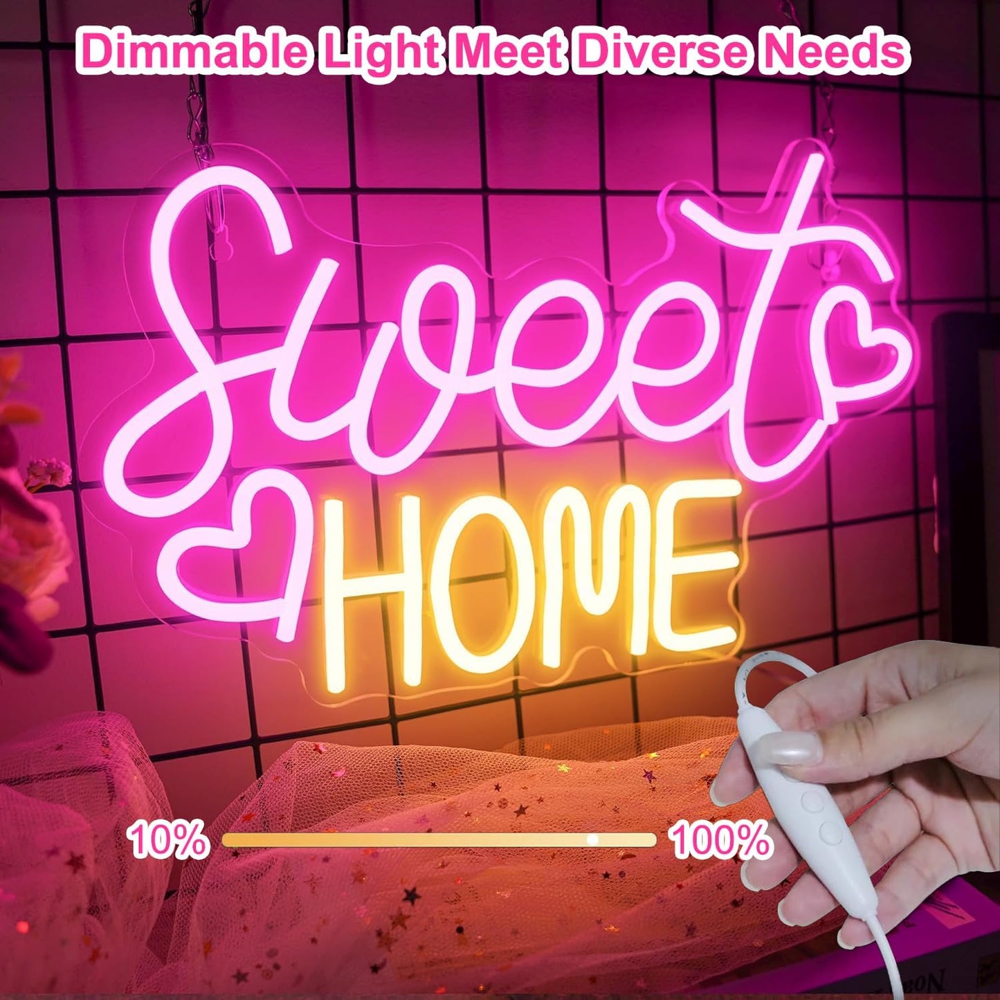 Sweet Home Neon Sign for Wall Decor, 15.7x9.8 inch USB Powered Home Sweet Home Neon Signs with Dimmer Switch for House Warming Party Living Room Apartment Bedroom Housewarming Homecoming Gift