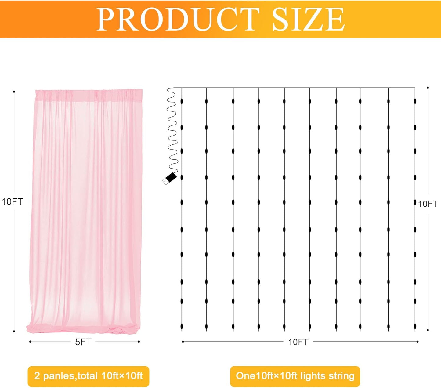 Fomcet Pink Tulle Backdrop Curtains with Lights String 10FT X 10FT Sheer Curtain with Lights Tulle Curtains Backdrop for Wedding Birthday Party Photo Shoot (2 Panels 5x10FT)
