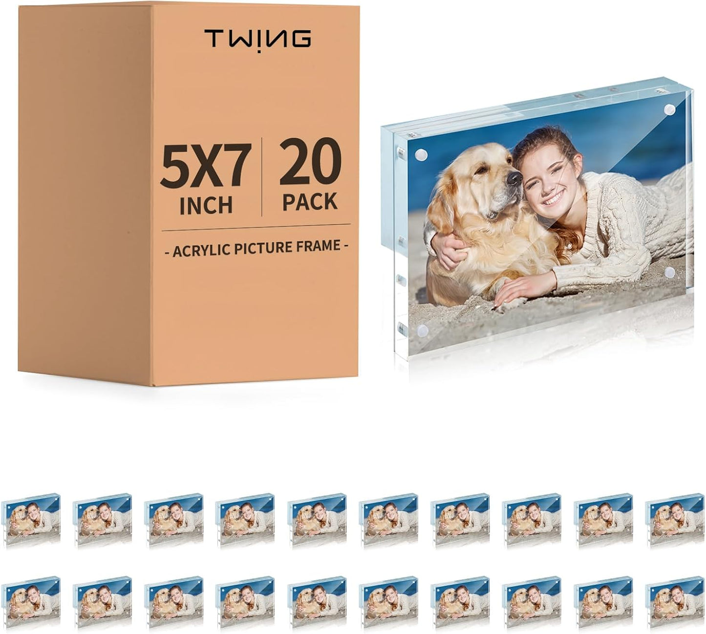 TWING 20 PACK 5 x 7 Inch Acrylic Picture Frame, 7 x 5 Acrylic Photo Frame Horizontal Magnet Double Sided Magnetic Frames Set,12+12 MM Thickness Clear Picture Frame Desktop Display