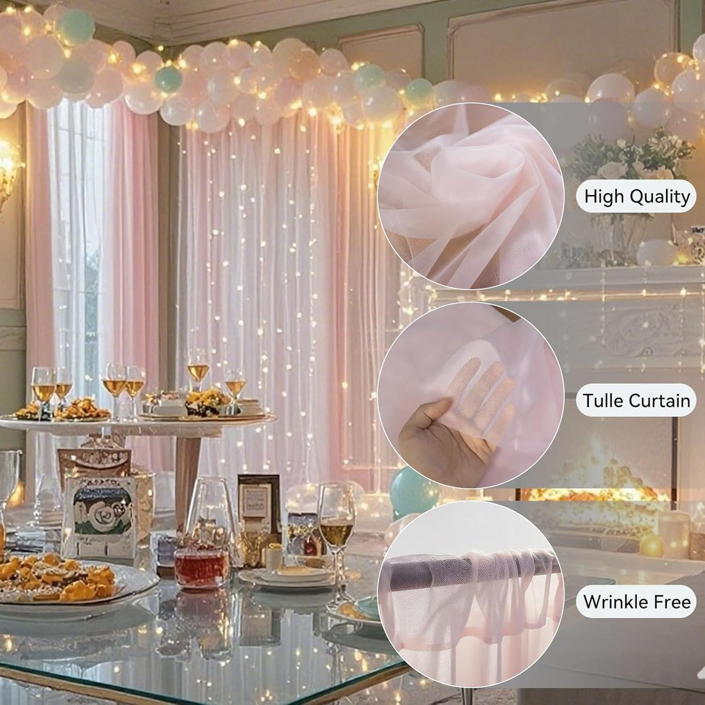 10×10ft Tulle Backdrop Curtains with Lights String - 300LED Fairy Lights Sheer Curtain Backdrop for Weddings Baby Shower and Birthday Party Decorations(2 Panels 5×10ft)