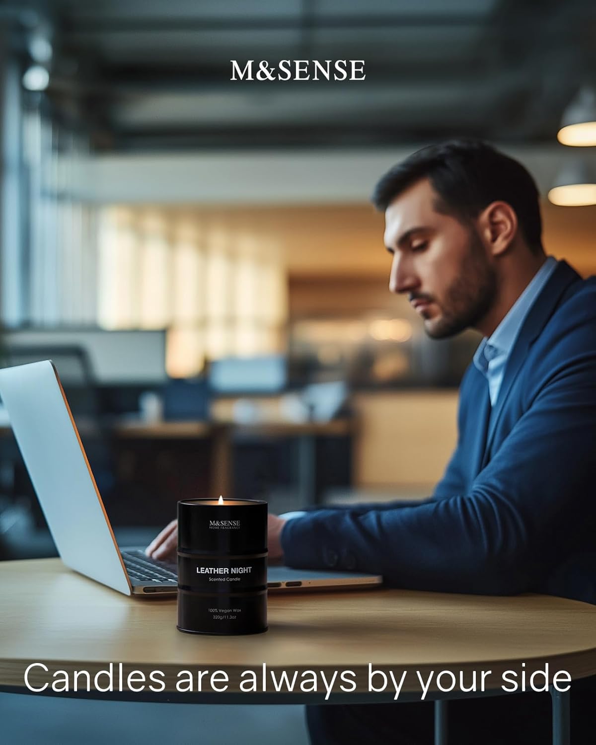 M&SENSE Scented Candle, Leather Medium Jar Candle Gifts for Men, 70 Hours Slow Burning Natural Soy Candles 11.3oz, Stress Relief Aromatherapy Candles Home Decor, Valentines Day Gifts for Him