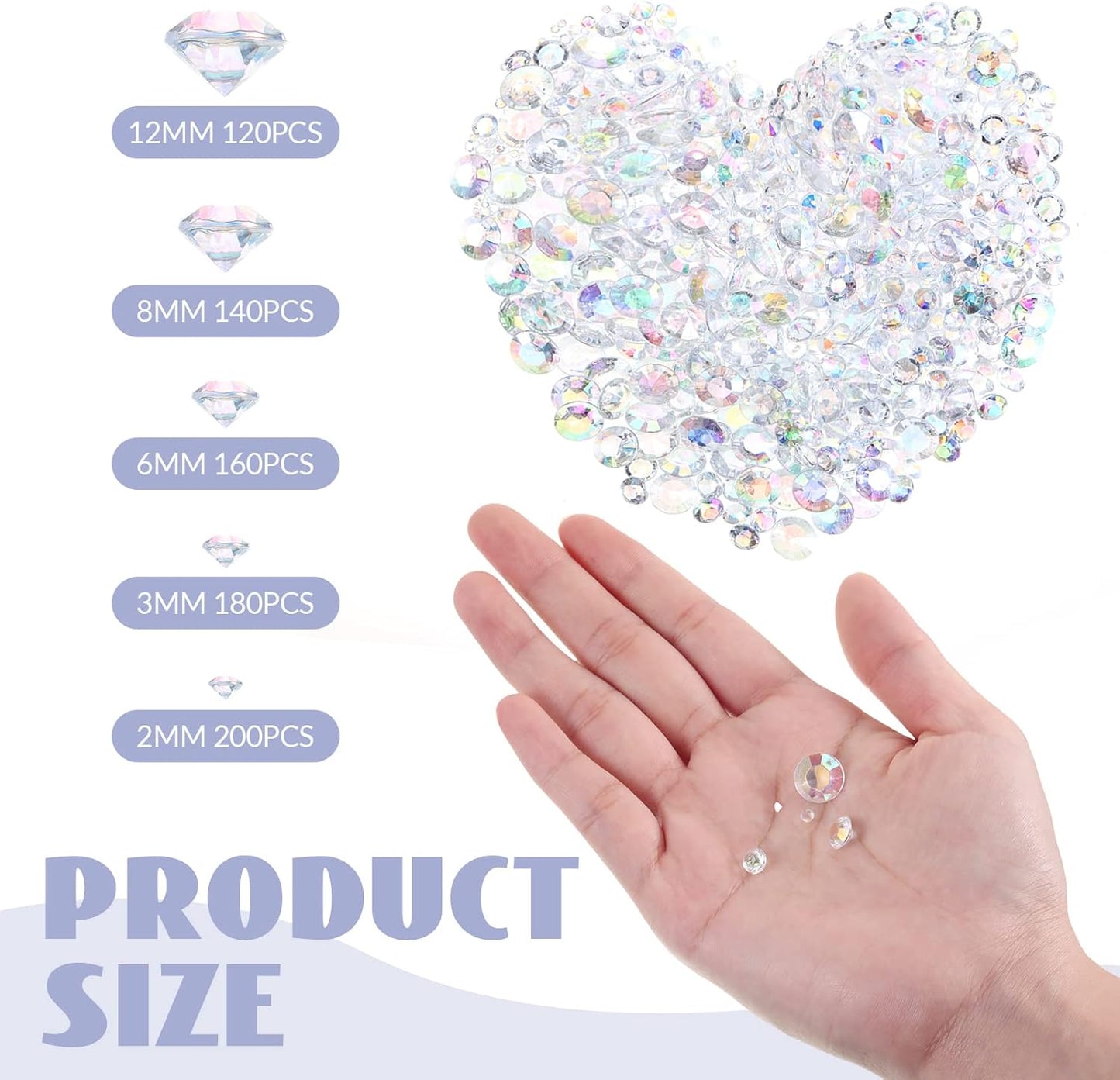 Hicarer 800 Pieces Diamond Decorations Acrylic Diamond Table Scatter Crystals for Table for Vase Fillers Party Decorations(12, 8, 6, 3, 2mm,AB Color)