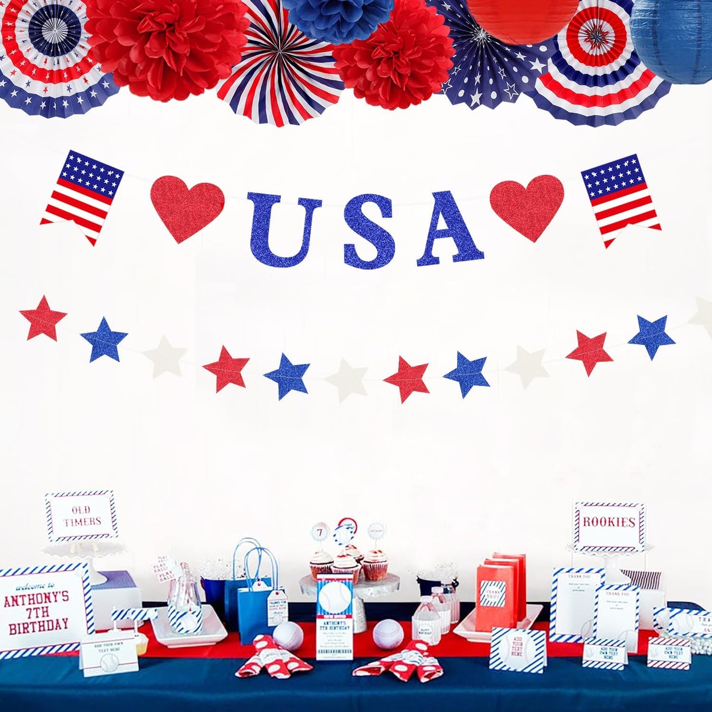 Red-White Blue Memorial-Day Patriotic Decorations - 21pcs 4th Fourth of July Americana Banner Garland,Independence Party Decor Paper Streamers Lanterns,Flower Tissue Pom Poms Fan Supplies Huglony