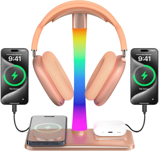 Headphone Stand with Wireless Charger,Gaming HeadsetStand with RGB Light Mode,Airpod MaxStand Compatible with Airpod Pro/3/2,iPhone 16/15/14/13/12/11,Samsung,Gifts for Gamers & Music Lover (Gold)