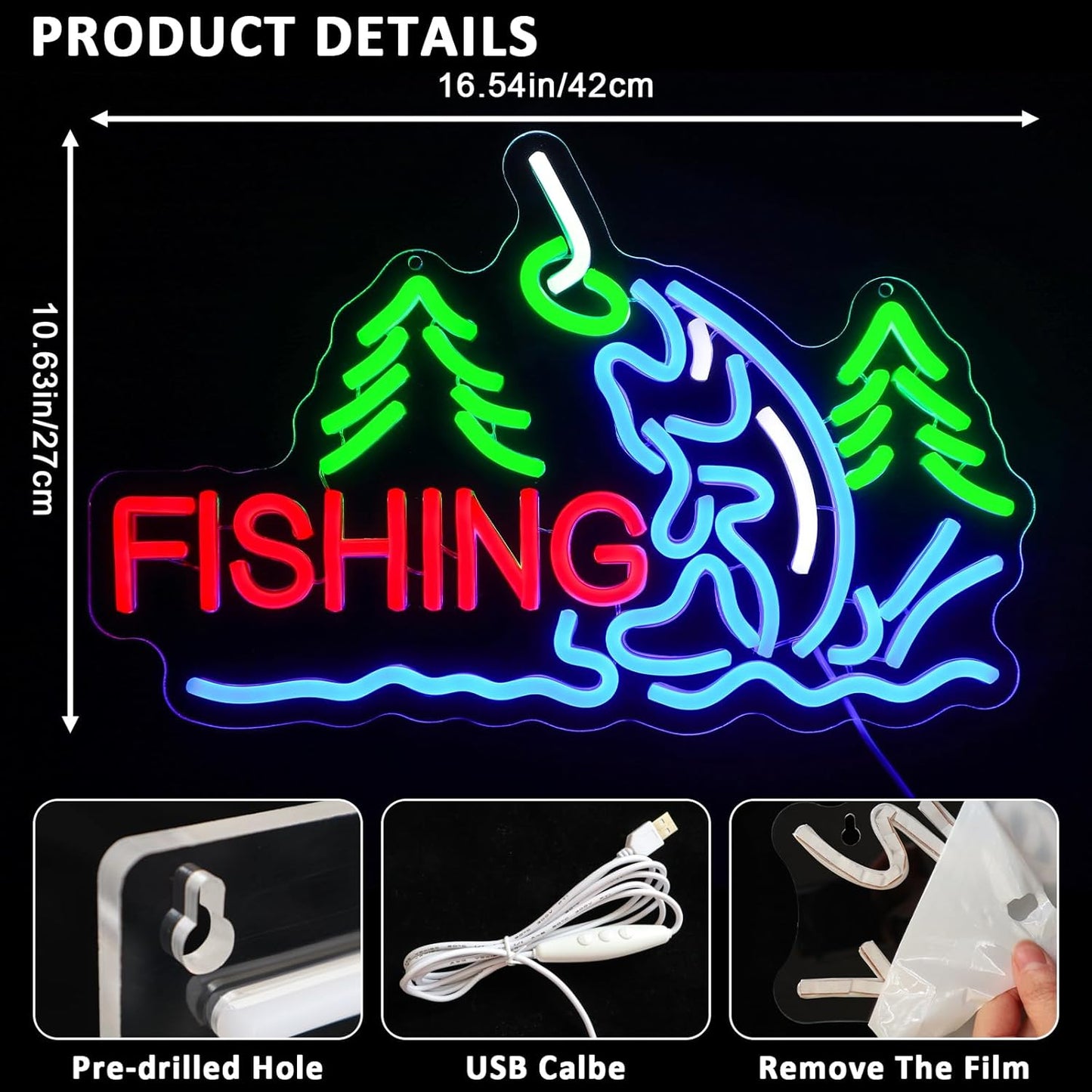 Fishing Neon Sign for Wall Decor, Fish Led Signs for Room, USB Dimmable Neon Lights for Fishing Gear Store Man Cave Bedroom Living Room Game Room Man Cave Party Business Yacht Sign