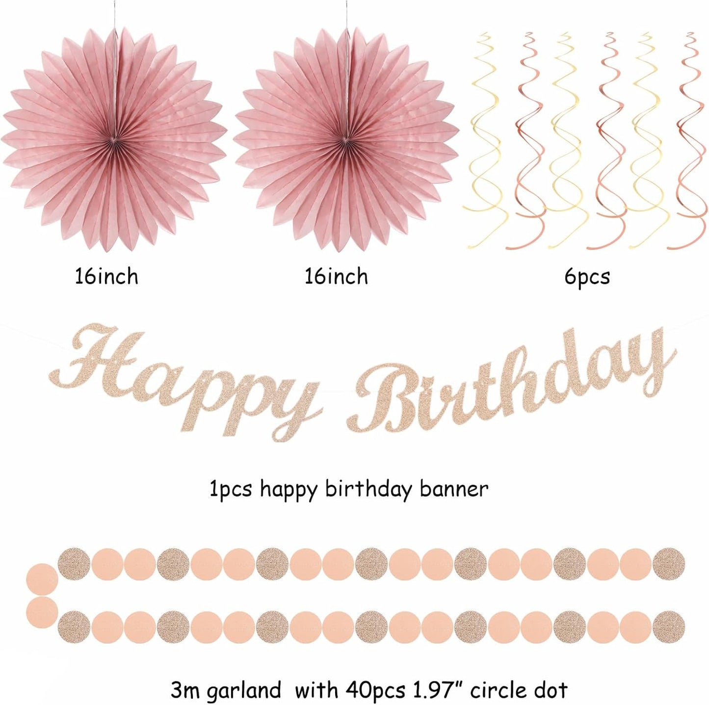 Blush-Pink Rose-Gold Fall Birthday Party-Decorations - 21pcs Boho Happy Banner Sign,Women Paper Lanterns Honeycomb,One Sweet Peach Streamers Garland,Girl Tissue Pom Poms Flowers Fans Decor Burgleda