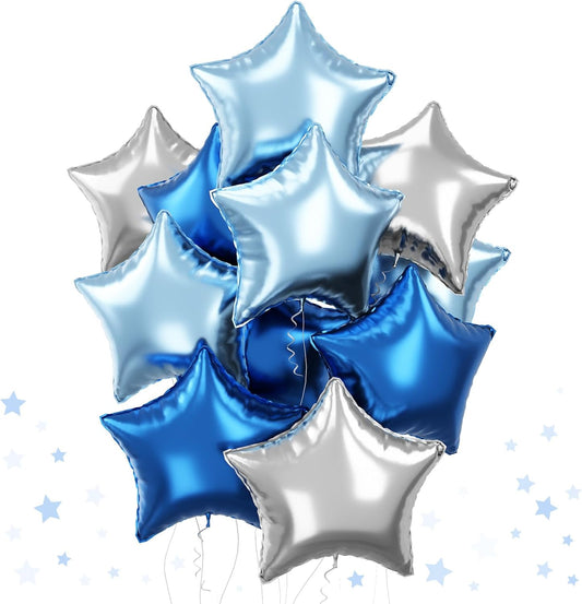 Blue Star Foil Balloons, 18 Inch Royal Blue Silver Stars Shape Mylar Helium Balloons 12 Pcs Large Light Blue Silver Pentagram Balloons Party Decoration for Birthday Graduation Baby Shower