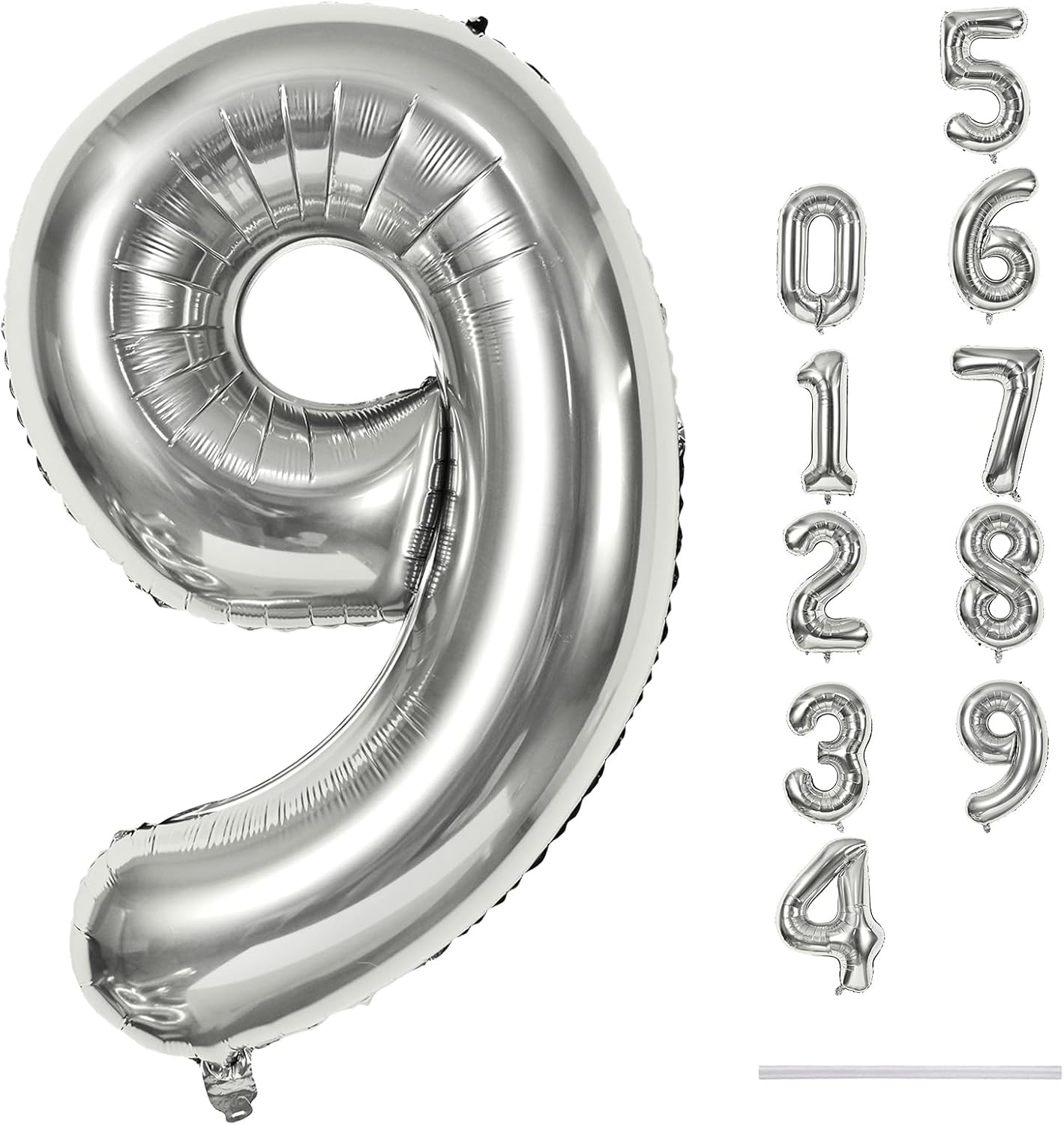 40'' Silver Number 9 Balloons for Women Men, Giant Self Inflating Foil Number Balloons Set 0-9, Large Digital 9 Helium Balloon for Boys Girls 9th Birthday Party Decorations Anniversary Supplies