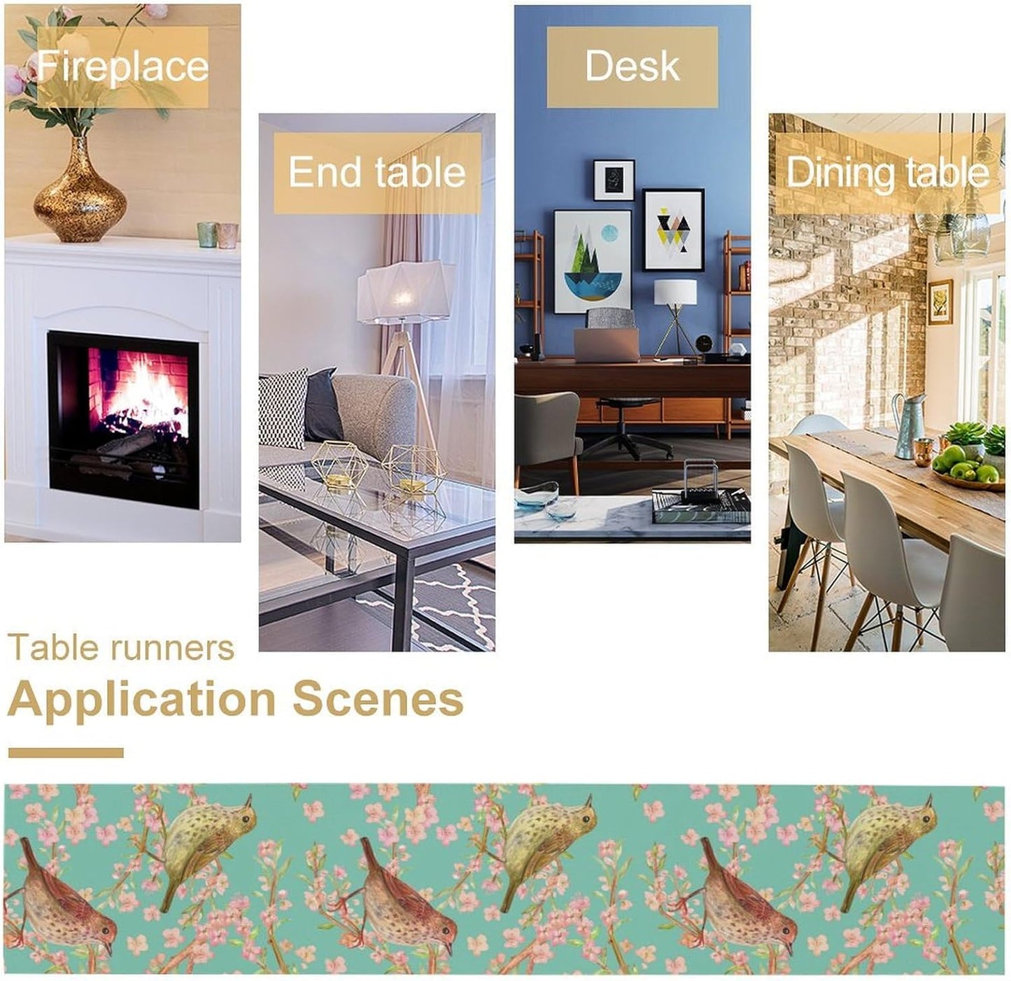 Table Runner with Flowers and Birds, Spring Plant Flowers Table Decoration Linen Table Runner Family Party Party Decorations 13x90 Inches