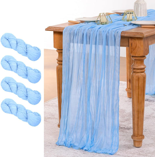 MLMW 4 Pack Light Blue Cheesecloth Table Runner Boho Gauze Rustic Cheese Cloth 160 inch Sheer Baby Blue Coastal Table Runner 13.3ft for Wedding Party Baby Bridal Shower Birthday