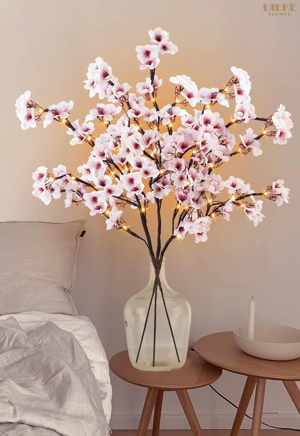 Uieke 3PCS Lighted Cherry Blossom Branches, 30in Artificial Cherry Blossom Flowers with 60 LED Lights Timer Battery Operated Lighted Twig Branches for Vases Wedding Party Home Indoor Decor