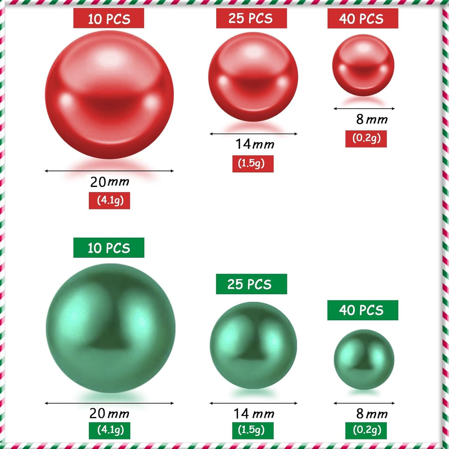 150Pcs Red&Green Polished No Hole Pearl Beads Vase Filler, Christmas Vase Filling Decorations, Plastic Pearls, Table Scatters, Wedding Home Decor, 8/14/20 mm
