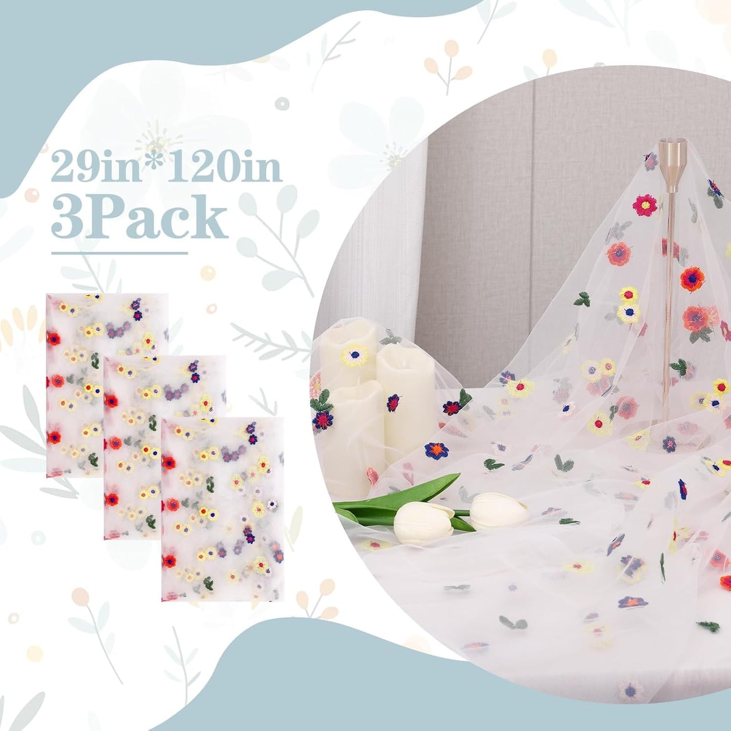 3PCS Lvory Floral Table Runner 10 FT, Embroidery Daisy Table Runners Seasonal Sheer Tulle Table Runner for Thanksgiving Wedding Birthday Baby Shower Party ﻿